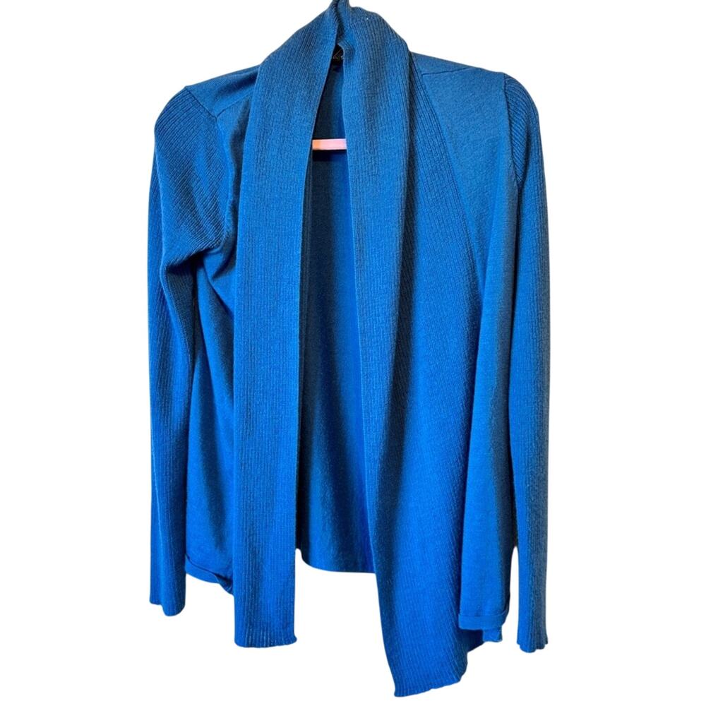 Eileen Fisher Blue Merino Wool Cardigan Sweater Womens M Open Front Casual Warm